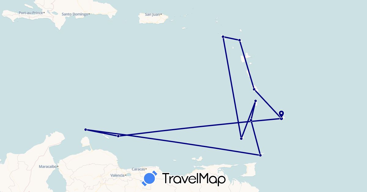 TravelMap itinerary: driving in Antigua and Barbuda, Aruba, Barbados, France, Grenada, Saint Kitts and Nevis, Saint Lucia, Netherlands, Trinidad and Tobago, Saint Vincent and the Grenadines (Europe, North America)